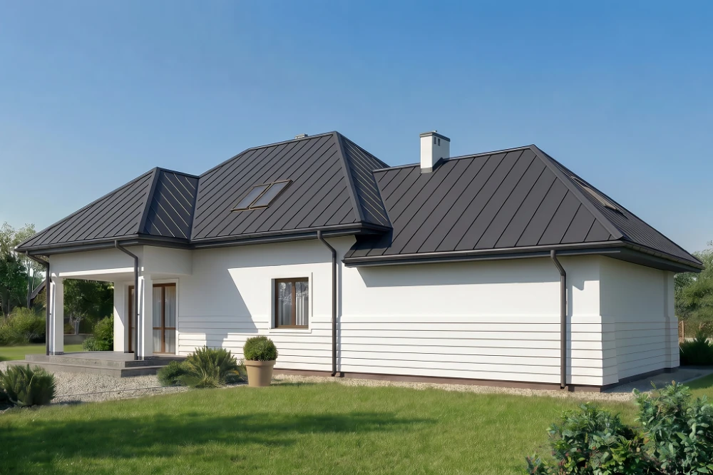Projekt domu Wymyślna 2 L-6436, parterowy z poddaszem użytkowym, z garażem dwustanowiskowym, bez podpiwniczenia - wizualizacja elewacji lewej
