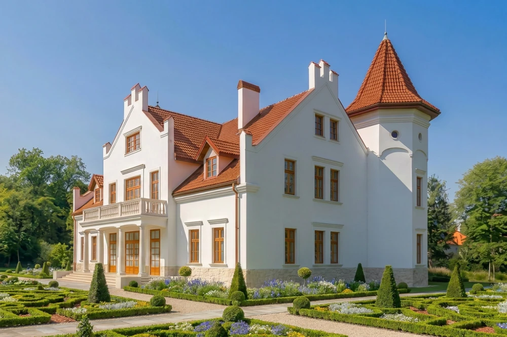 Projekt domu Sokołowiec RW-03, piętrowy z poddaszem użytkowym, z garażem czterostanowiskowym, częściowo podpiwniczony - wizualizacja elewacji lewej