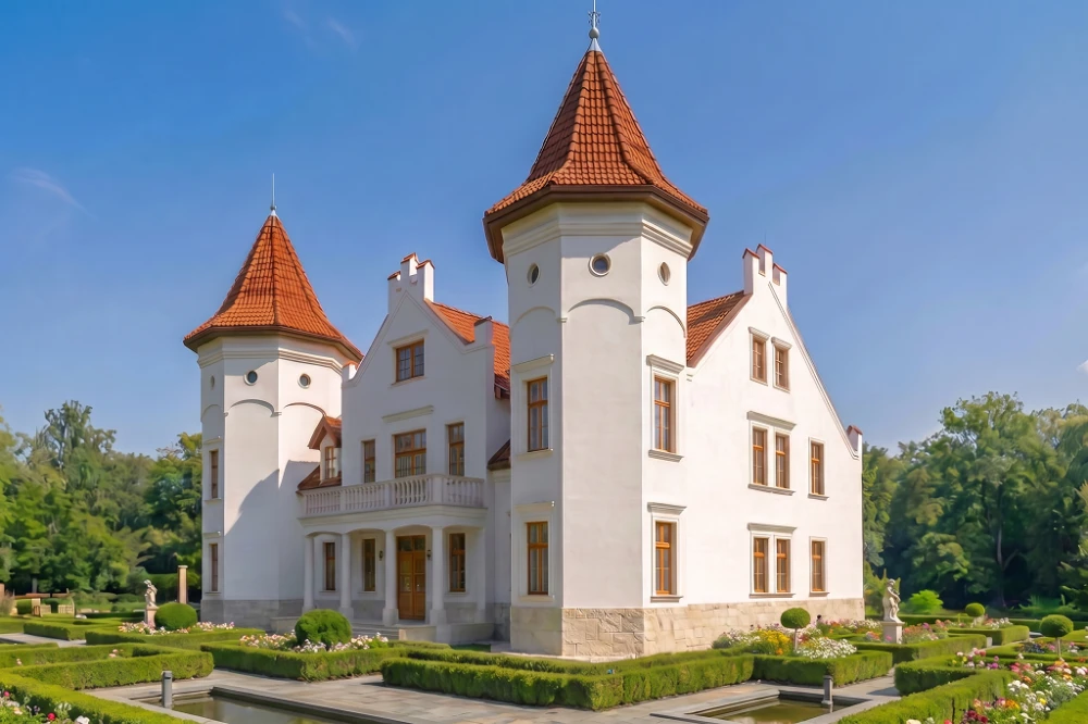 Projekt domu Sokołowiec RW-03, piętrowy z poddaszem użytkowym, z garażem czterostanowiskowym, częściowo podpiwniczony - wizualizacja elewacji prawej