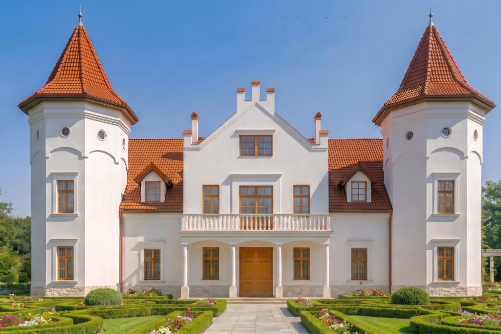 Projekt domu Sokołowiec RW-03, piętrowy z poddaszem użytkowym, z garażem czterostanowiskowym, częściowo podpiwniczony - wizualizacja elewacji frontowej