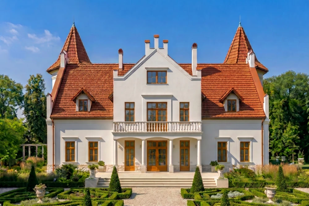 Projekt domu Sokołowiec RW-03, piętrowy z poddaszem użytkowym, z garażem czterostanowiskowym, częściowo podpiwniczony - wizualizacja elewacji ogrodowej