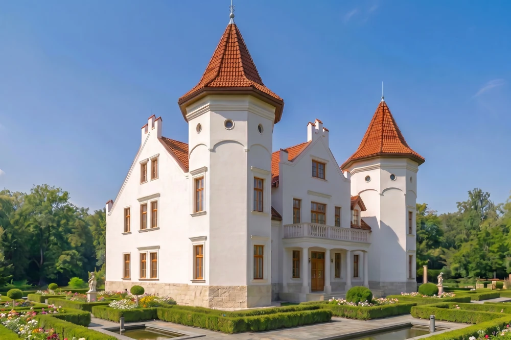 Projekt domu Sokołowiec 2 RWL-03, piętrowy z poddaszem użytkowym, z garażem czterostanowiskowym, częściowo podpiwniczony - wizualizacja elewacji lewej
