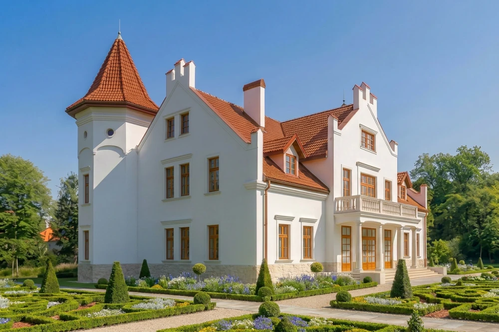 Projekt domu Sokołowiec 2 RWL-03, piętrowy z poddaszem użytkowym, z garażem czterostanowiskowym, częściowo podpiwniczony - wizualizacja elewacji prawej