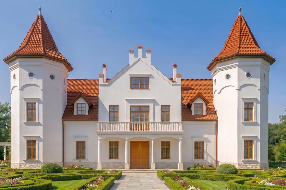 Projekt domu Sokołowiec 2 RWL-03, piętrowy z poddaszem użytkowym, z garażem czterostanowiskowym, częściowo podpiwniczony - wizualizacja elewacji frontowej