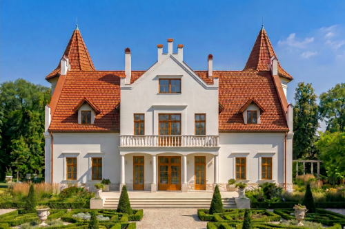 Projekt domu Sokołowiec 2 RWL-03, piętrowy z poddaszem użytkowym, z garażem czterostanowiskowym, częściowo podpiwniczony - wizualizacja elewacji ogrodowej