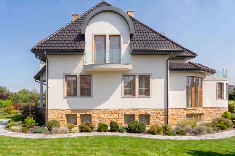 Projekt domu Grodziec RW-08, piętrowy, z wolnostojącym garażem trzystanowiskowym, podpiwniczony - wizualizacja elewacji prawej