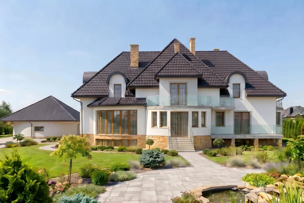 Projekt domu Grodziec RW-08, piętrowy, z wolnostojącym garażem trzystanowiskowym, podpiwniczony - wizualizacja elewacji ogrodowej