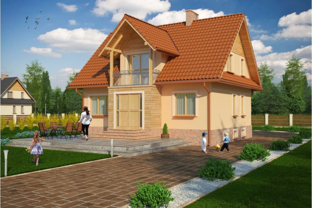 Projekt domu Rymanów tech. DM-6051 tech., parterowy z poddaszem mieszkalnym, częściowo podpiwniczony - kolorystyka wersja 1