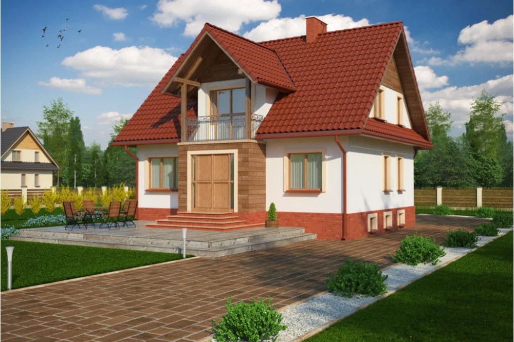 Projekt domu Rymanów tech. DM-6051 tech., parterowy z poddaszem mieszkalnym, częściowo podpiwniczony - kolorystyka wersja 3
