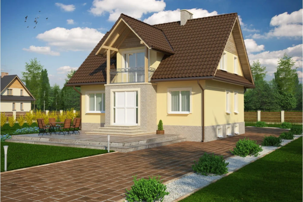 Projekt domu Rymanów tech. DM-6051 tech., parterowy z poddaszem mieszkalnym, częściowo podpiwniczony - kolorystyka wersja 4