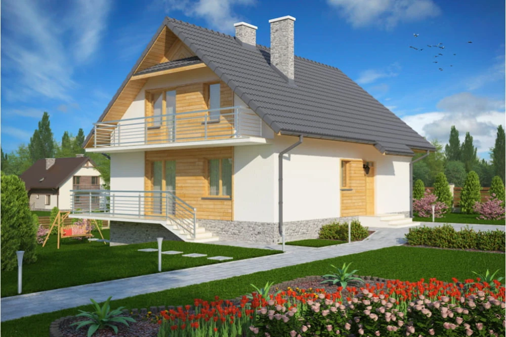 Projekt domu Pszczelnik tech. DM-6052 tech., parterowy z poddaszem mieszkalnym, z częściowym podpiwniczeniem - kolorystyka wersja 3