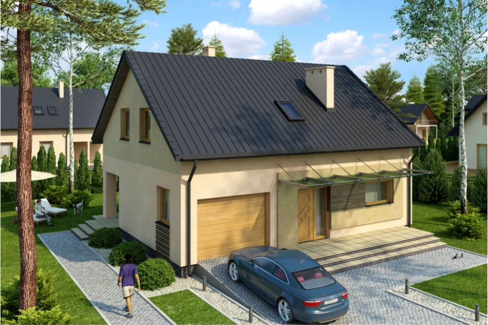 Projekt domu Okołowice tech. DM-6068 tech., parterowy z garażem, poddaszem mieszkalnym, częściowo podpiwniczony - kolorystyka wersja 1