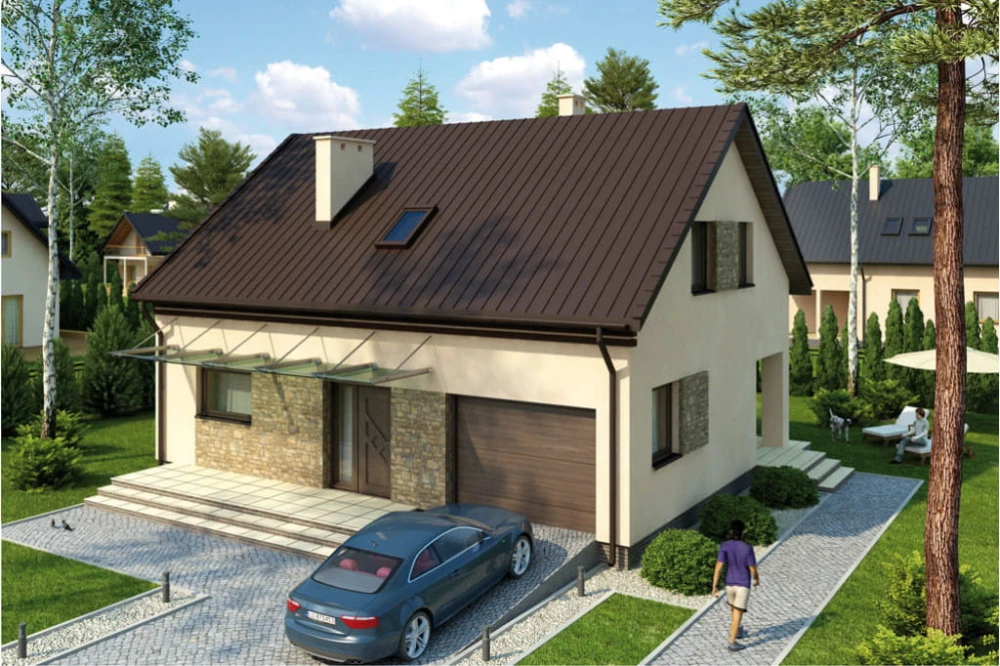 Projekt domu Okołowice 2 tech. L-6068 tech., parterowy z garażem, poddaszem mieszkalnym, częściowo podpiwniczony - kolorystyka wersja 4
