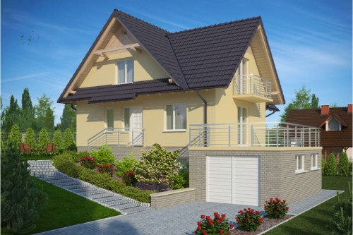Projekt domu Krościenko tech. DM-6072 tech., parterowy z garażem z poddaszem mieszkalnym, z częściowym podpiwniczeniem - kolorystyka wersja 2