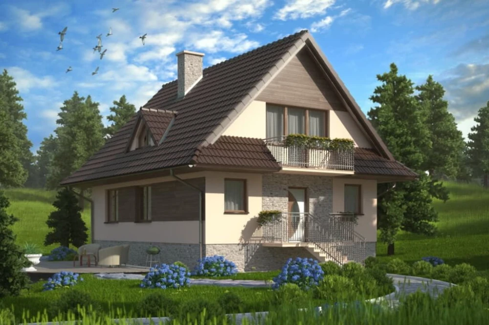 Projekt domu Turaszówka tech. L-6077 tech., parterowy z poddaszem mieszkalnym, bez podpiwniczenia - kolorystyka wersja 3