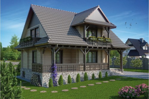 Projekt domu Rabka 2 tech. L-6086 tech., parterowy z poddaszem mieszkalnym, z częściowym podpiwniczeniem - kolorystyka wersja 2