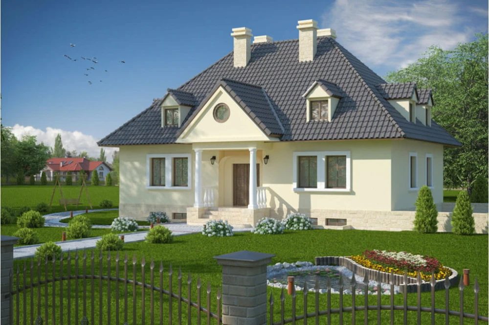 Projekt domu Czaniec tech. DM-6091 tech., parterowy z garażem, z poddaszem mieszkalnym, częściowo podpiwniczony - kolorystyka wersja 2