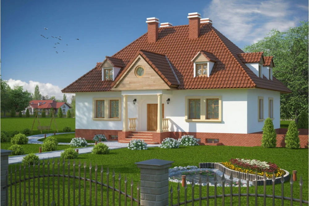 Projekt domu Czaniec tech. DM-6091 tech., parterowy z garażem, z poddaszem mieszkalnym, częściowo podpiwniczony - kolorystyka wersja 4