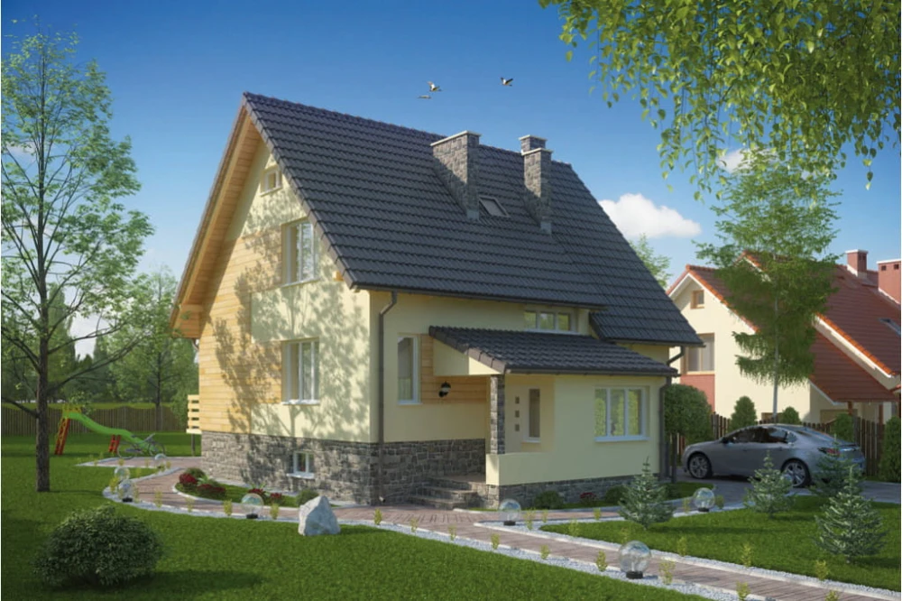 Projekt domu Połom tech. L-6092 tech., parterowy z poddaszem mieszkalnym, z częściowym podpiwniczeniem - kolorystyka wersja 2