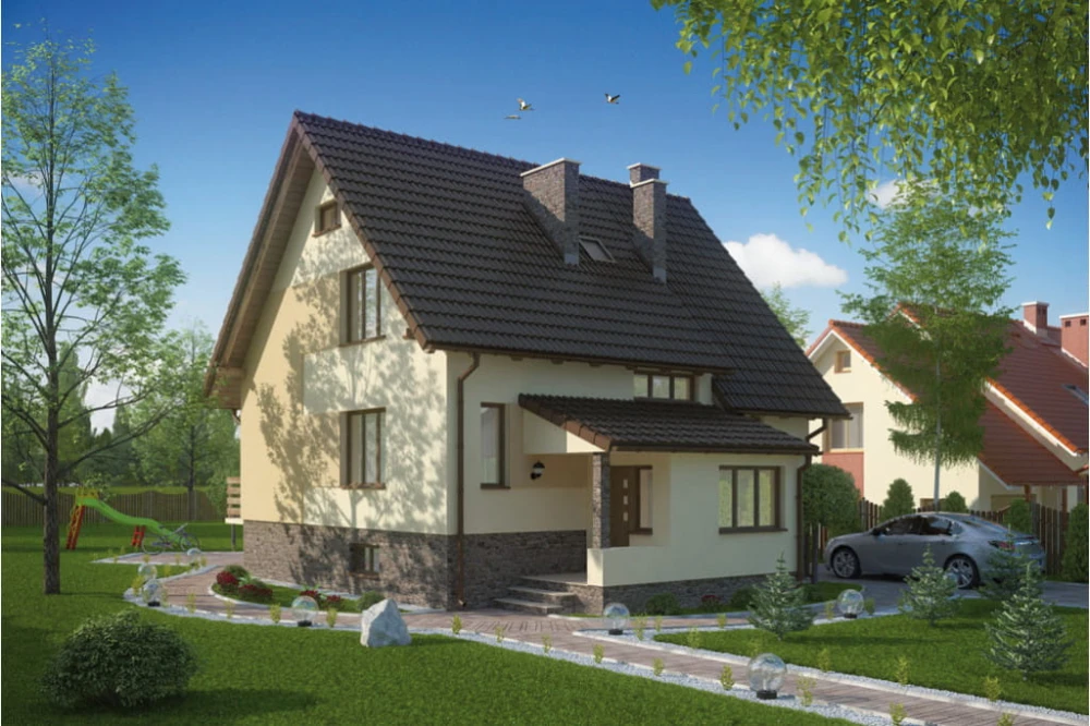 Projekt domu Połom tech. L-6092 tech., parterowy z poddaszem mieszkalnym, z częściowym podpiwniczeniem - kolorystyka wersja 3
