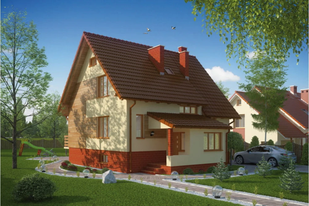 Projekt domu Połom tech. L-6092 tech., parterowy z poddaszem mieszkalnym, z częściowym podpiwniczeniem - kolorystyka wersja 4