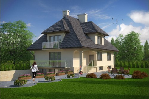 Projekt domu Głogowiec tech. DM-6103 tech.,  parterowy z garażem, z poddaszem użytkowym, podpiwniczony - kolorystyka wersja 1
