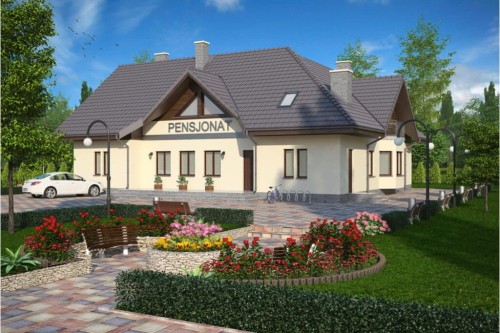Projekt domu Tarnowiec tech. DM-6044 tech., parterowy z poddaszem użytkowym, pensjonat - kolorystyka wersja 2