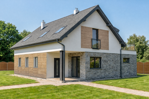 Projekt domu Hrubieszów L-6151,  parterowy z poddaszem mieszkalnym, z garażem, bez podpiwniczenia - wizualizacja elewacji ogrodowej