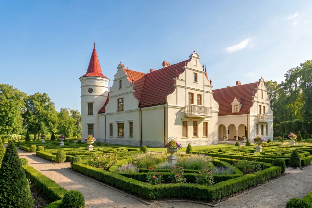 Projekt domu Słoszewice RW-04, parterowy z poddaszem użytkowym, z garażem trzystanowiskowym, częściowo podpiwniczony - wizualizacja elewacji lewej