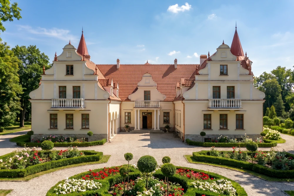 Projekt domu Słoszewice 2 RWL-04, parterowy z poddaszem użytkowym, z garażem trzystanowiskowym, częściowo podpiwniczony - wizualizacja elewacji frontowej