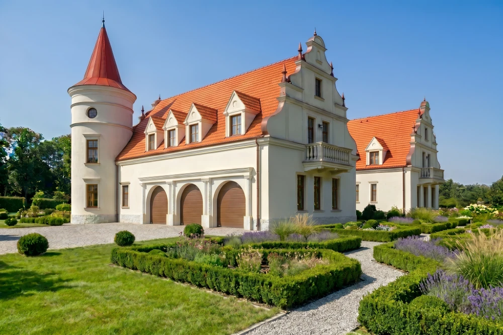 Projekt domu Słoszewice 2 RWL-04, parterowy z poddaszem użytkowym, z garażem trzystanowiskowym, częściowo podpiwniczony - wizualizacja elewacji lewej