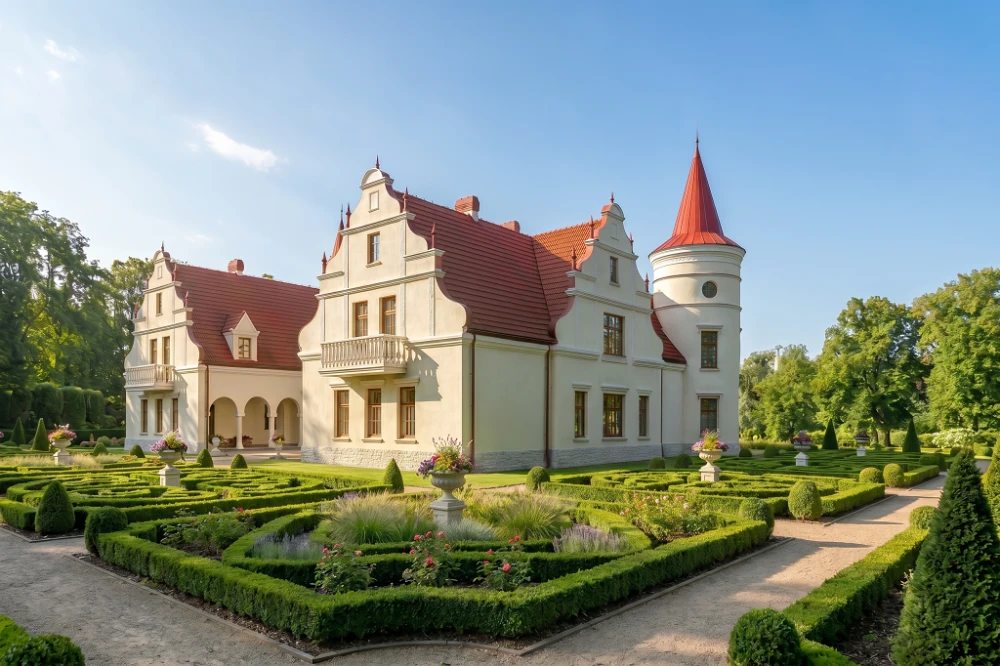 Projekt domu Słoszewice 2 RWL-04, parterowy z poddaszem użytkowym, z garażem trzystanowiskowym, częściowo podpiwniczony - wizualizacja elewacji prawej