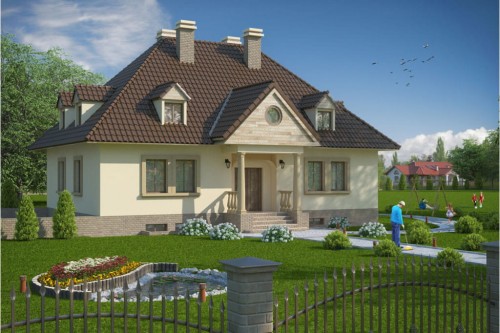 Projekt domu Czaniec 2 tech. L-6091 tech., parterowy z garażem, z poddaszem mieszkalnym, częściowo podpiwniczony - kolorystyka wersja 1