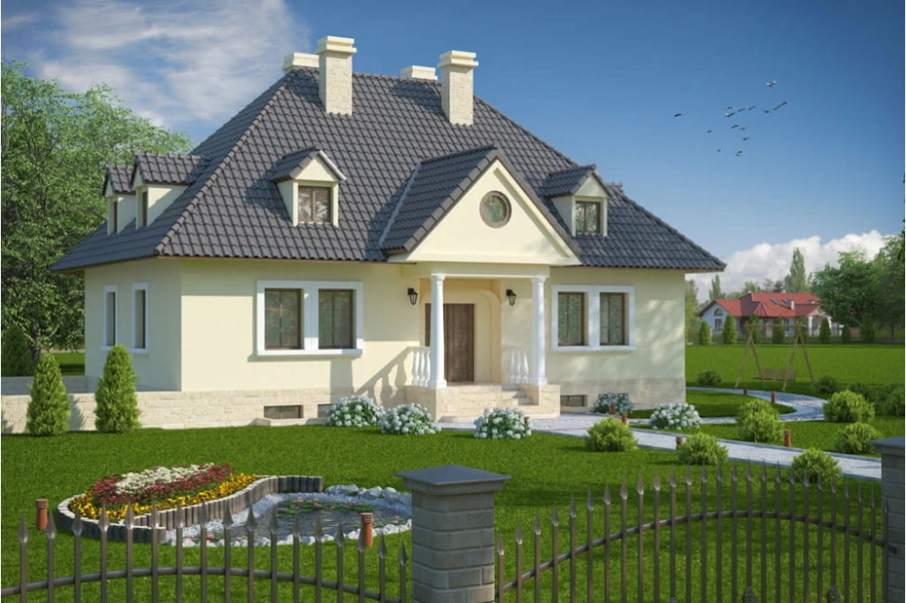 Projekt domu Czaniec 2 tech. L-6091 tech., parterowy z garażem, z poddaszem mieszkalnym, częściowo podpiwniczony - kolorystyka wersja 2