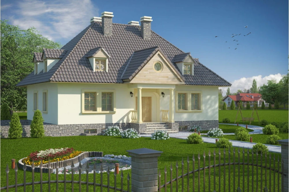 Projekt domu Czaniec 2 tech. L-6091 tech., parterowy z garażem, z poddaszem mieszkalnym, częściowo podpiwniczony - kolorystyka wersja 3