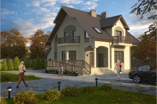 Projekt domu Puławy tech. DM-6104 tech., parterowy z częścią przeznaczoną na sklep, z poddaszem mieszkalnym, podpiwniczony - kolorystyka wersja 1