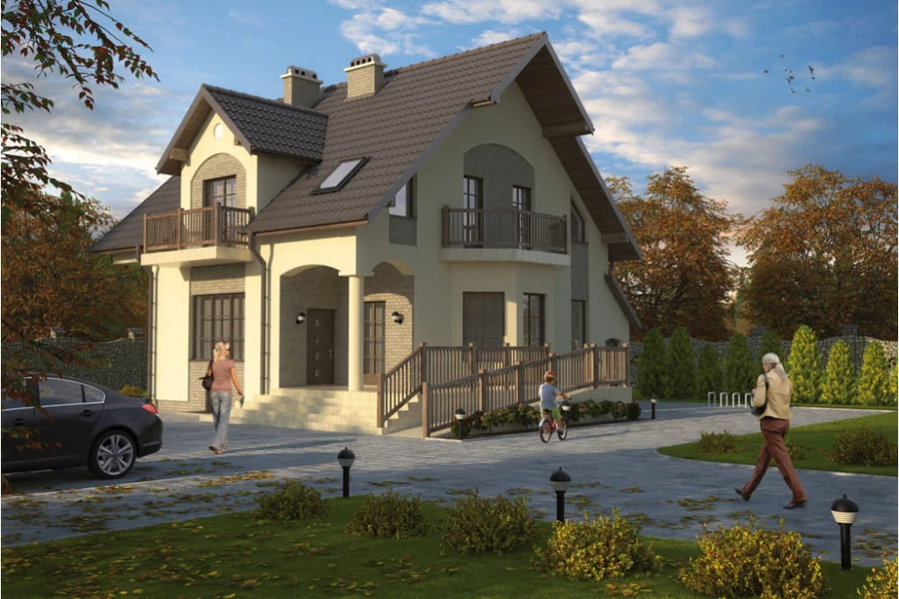 Projekt domu Puławy 2 tech. L-6104 tech., parterowy z częścią przeznaczoną na sklep, z poddaszem mieszkalnym, podpiwniczony - kolorystyka wersja 1
