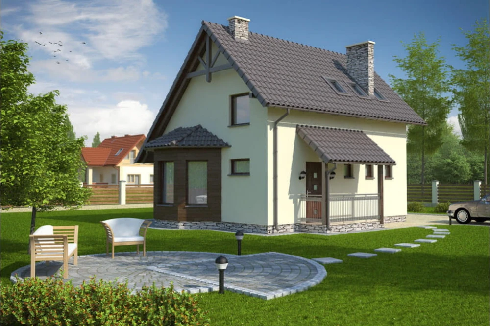 Projekt domu Biskupin tech. DM-6105 tech., parterowy z poddaszem mieszkalnym, bez podpiwniczenia - kolorystyka wersja 2