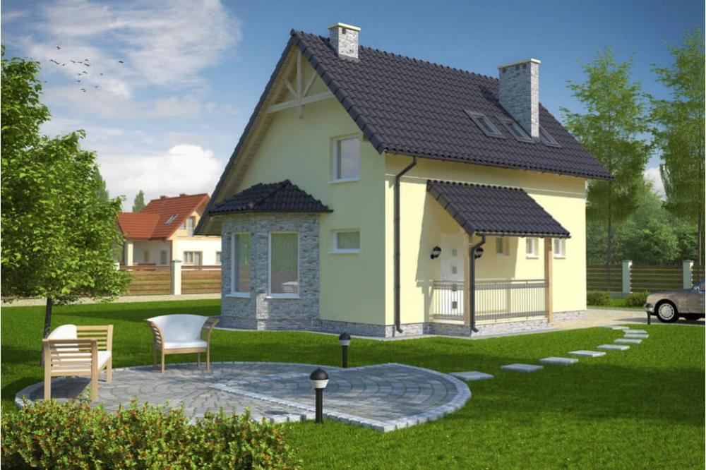 Projekt domu Biskupin tech. DM-6105 tech., parterowy z poddaszem mieszkalnym, bez podpiwniczenia - kolorystyka wersja 4