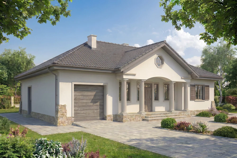 Projekt domu Ludwinów B DM-6079 B, parterowy, niepodpiwniczony, ze strychem nieużytkowym - wizualizacja elewacji frontowej ujęcie 1
