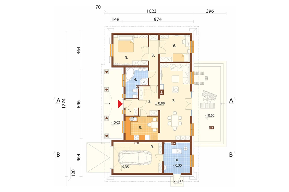Projekt domu Ludwinów B 2 L-6079 B, parterowy, niepodpiwniczony, ze strychem nieużytkowym - rzut parteru
