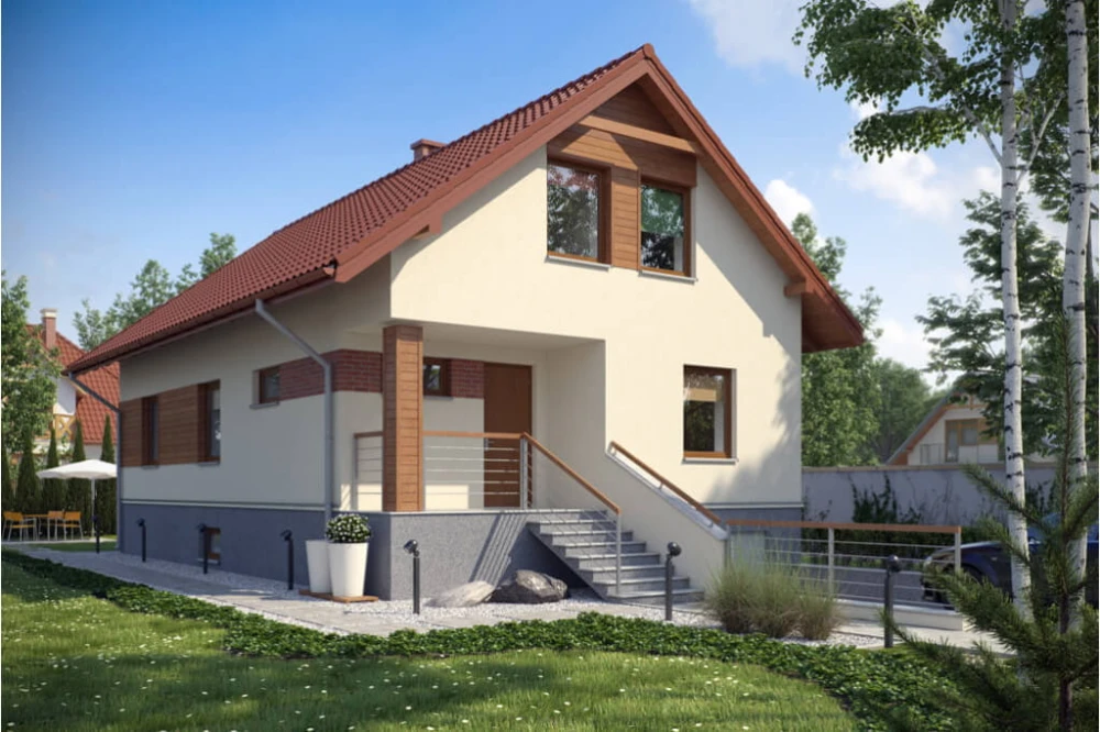 Projekt domu Barcice tech. DM-6106 tech., parterowy z garażem, z poddaszem mieszkalnym, częściowo podpiwniczony - kolorystyka wersja 1