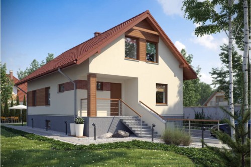 Projekt domu Barcice tech. DM-6106 tech., parterowy z garażem, z poddaszem mieszkalnym, częściowo podpiwniczony - kolorystyka wersja 1