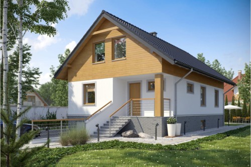 Projekt domu Orchowiec tech. L-6106 tech., parterowy z garażem, z poddaszem mieszkalnym, częściowo podpiwniczony - kolorystyka wersja 2