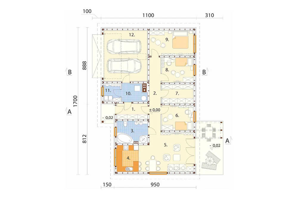 Projekt domu Italica S 2 L-6718 S, parterowy, niepodpiwniczony, zaprojektowany w technologii szkieletu drewnianego - rzut parteru