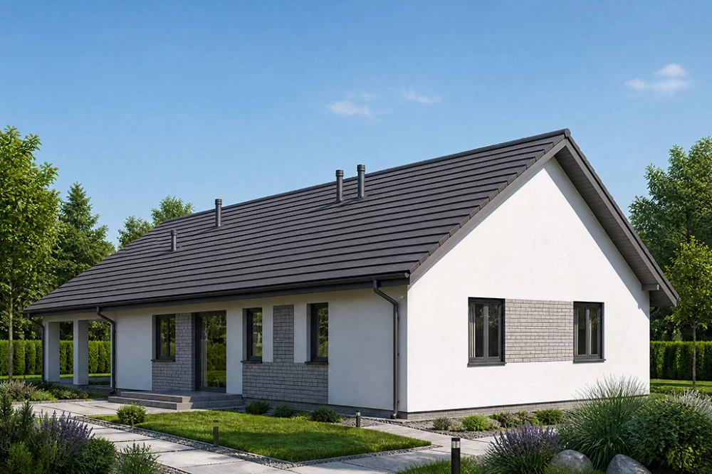 Projekt domu Irpi tech. DM-6920 tech., parterowy, niepodpiwniczony, ze strychem nieużytkowym - wizualizacja elewacji ogrodowej