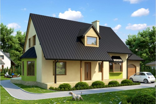 Projekt domu Radolin tech. L-6110 tech., parterowy z garażem, z poddaszem mieszkalnym, bez podpiwniczenia - kolorystyka wersja 2