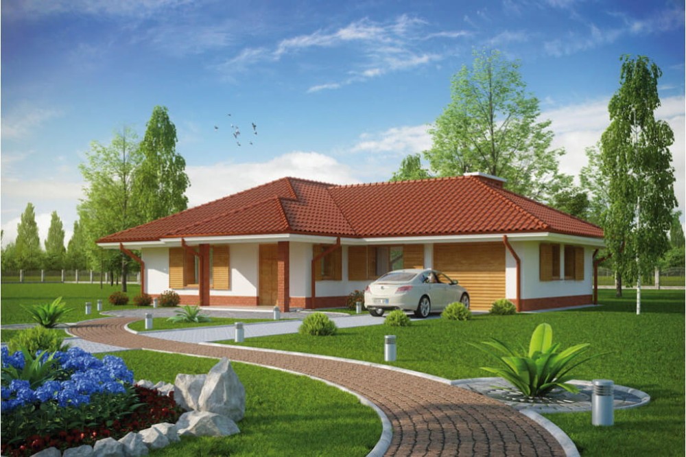 Projekt domu Okrasin tech. L-6097 tech., parterowy z garażem, bez podpiwniczenia - kolorystyka wersja 3