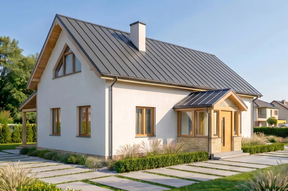 Projekt domu Arium tech. DM-6910 tech., parterowy, niepodpiwniczony, z poddaszem przeznaczonym do adaptacji - wizualizacja elewacji frontowej