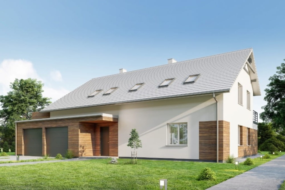 Projekt domu Clastra tech. DM-6750 tech., jednorodzinny dwulokalowy parterowy z poddaszem mieszkalnym, niepodpiwniczony, z garażem dwustanowiskowym - kolorystyka wersja 3